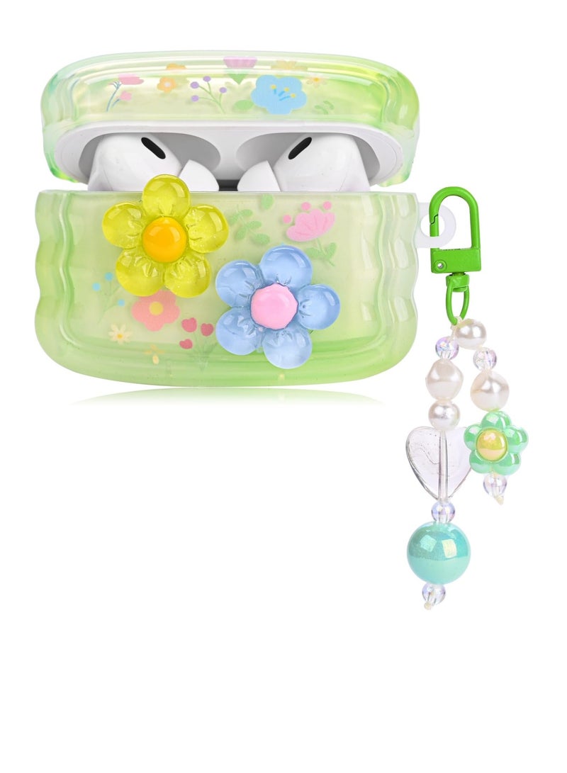 Cute Cases for AirPods Pro, Curly Wave Frame Shape Flowers Cover with Heart Bead Pendant and Three-dimensional flowers, Girls Girly Liquid Glitter Bling Sparkle Design Case for AirPods Pro, Green