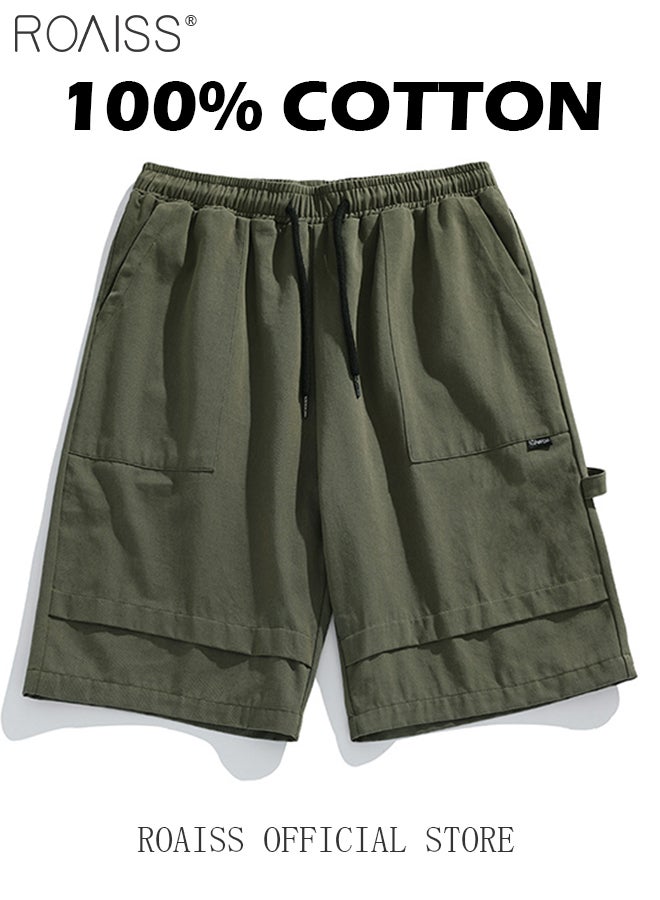 Cotton Loose Outdoor Sports Shorts for Men Versatile Casual Drawstring Streamer Design Beach Shorts Mens Simple Comfortable Breathable Skin-Friendly Cargo Half Pants