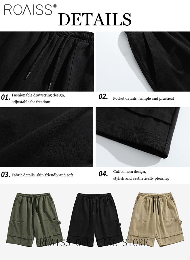 Cotton Loose Outdoor Sports Shorts for Men Versatile Casual Drawstring Streamer Design Beach Shorts Mens Simple Comfortable Breathable Skin-Friendly Cargo Half Pants