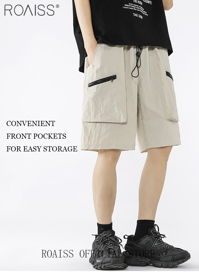 Mid Waist Outdoor Sports Shorts for Men Retro Casual Lightweight Cool Fabric Loose Drawstring Beach Shorts Mens Simple Comfortable Breathable Skin-Friendly Cargo Half Pants