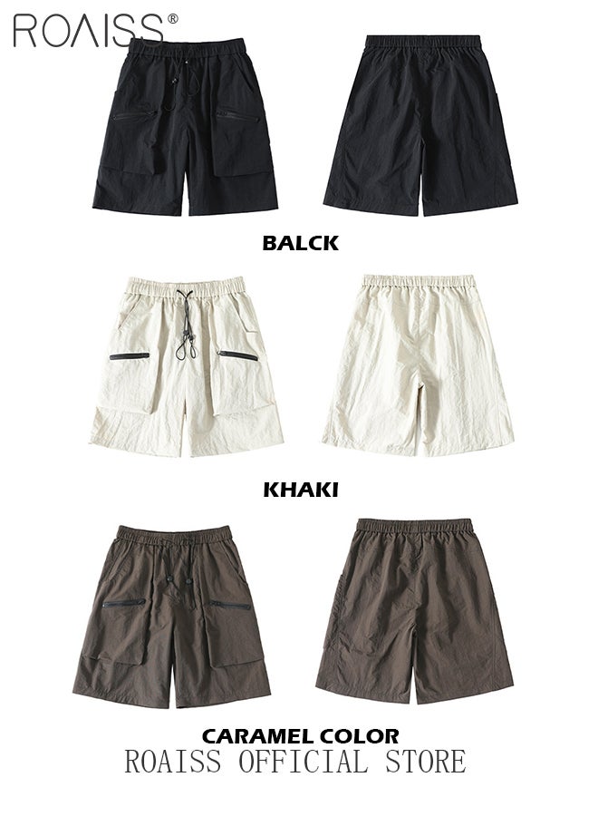 Mid Waist Outdoor Sports Shorts for Men Retro Casual Lightweight Cool Fabric Loose Drawstring Beach Shorts Mens Simple Comfortable Breathable Skin-Friendly Cargo Half Pants