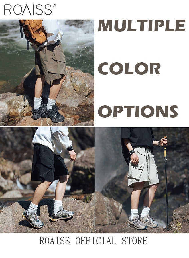 Multiple Pockets Outdoor Cargo Shorts for Men Versatile Casual Polyester Fiber Loose Drawstring Beach Shorts Mens Simple Comfortable Breathable Skin-Friendly Sports Half Pants