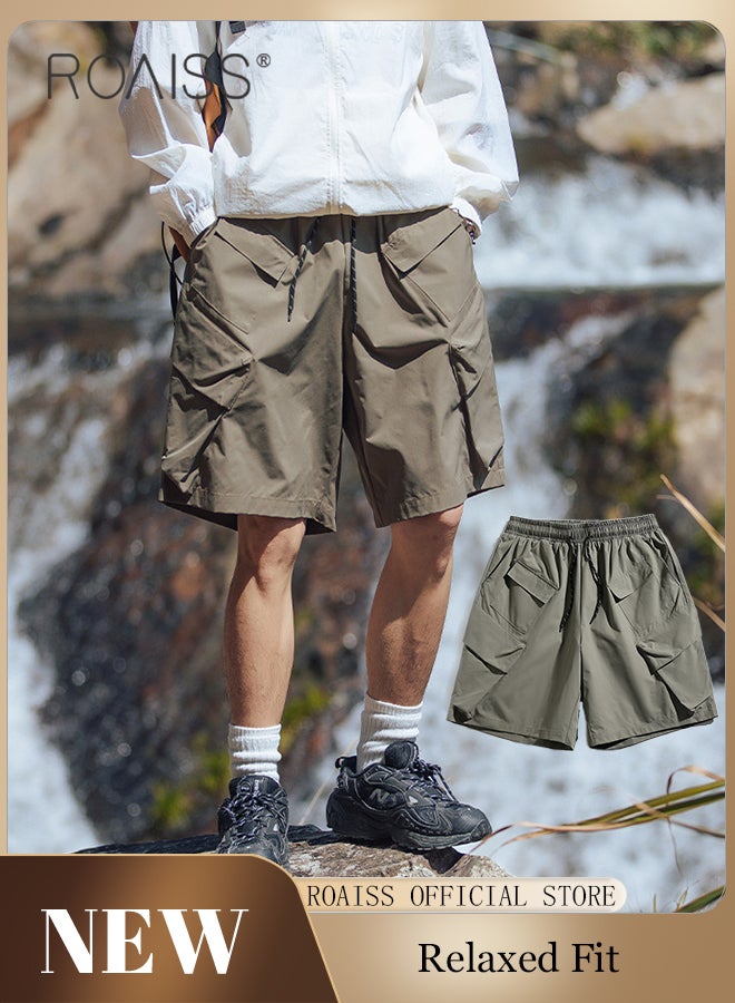 Multiple Pockets Outdoor Cargo Shorts for Men Versatile Casual Polyester Fiber Loose Drawstring Beach Shorts Mens Simple Comfortable Breathable Skin-Friendly Sports Half Pants