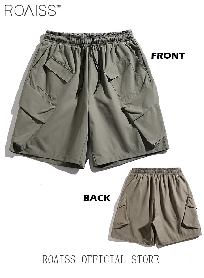 Multiple Pockets Outdoor Cargo Shorts for Men Versatile Casual Polyester Fiber Loose Drawstring Beach Shorts Mens Simple Comfortable Breathable Skin-Friendly Sports Half Pants