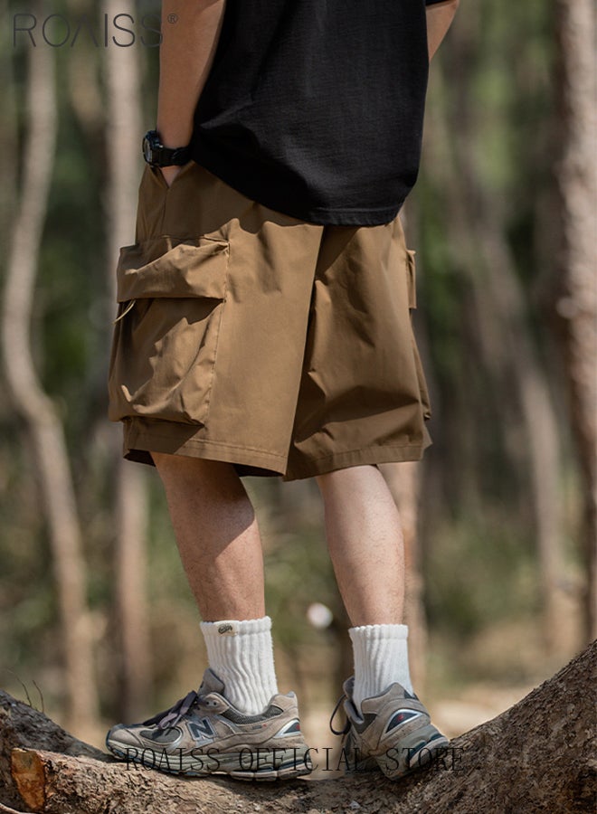 Large Pockets Outdoor Sports Shorts for Men Versatile Casual Polyester Fiber Loose Drawstring Beach Shorts Mens Simple Comfortable Breathable Skin-Friendly Cargo Half Pants