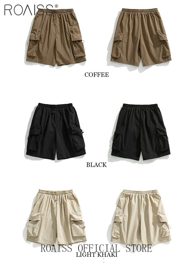 Large Pockets Outdoor Sports Shorts for Men Versatile Casual Polyester Fiber Loose Drawstring Beach Shorts Mens Simple Comfortable Breathable Skin-Friendly Cargo Half Pants