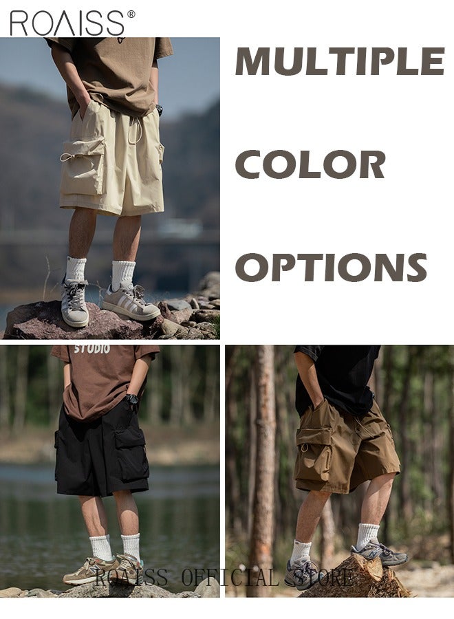 Large Pockets Outdoor Sports Shorts for Men Versatile Casual Polyester Fiber Loose Drawstring Beach Shorts Mens Simple Comfortable Breathable Skin-Friendly Cargo Half Pants