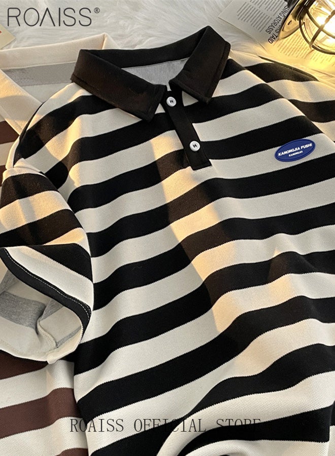 Unisex Striped Short Sleeve Polo Shirt Simple Loose Comfortable Skin-Friendly Lapel T-Shirt Mens Casual Fashion Light Cool Summer Half Sleeves with Breathable Fabric