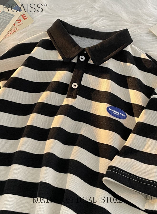 Unisex Striped Short Sleeve Polo Shirt Simple Loose Comfortable Skin-Friendly Lapel T-Shirt Mens Casual Fashion Light Cool Summer Half Sleeves with Breathable Fabric