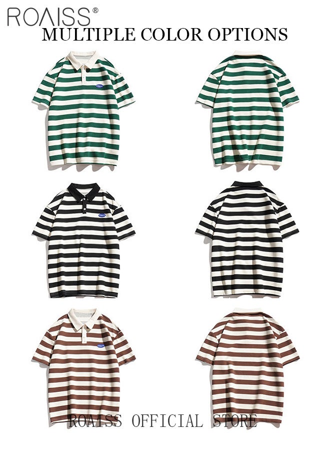 Unisex Striped Short Sleeve Polo Shirt Simple Loose Comfortable Skin-Friendly Lapel T-Shirt Mens Casual Fashion Light Cool Summer Half Sleeves with Breathable Fabric