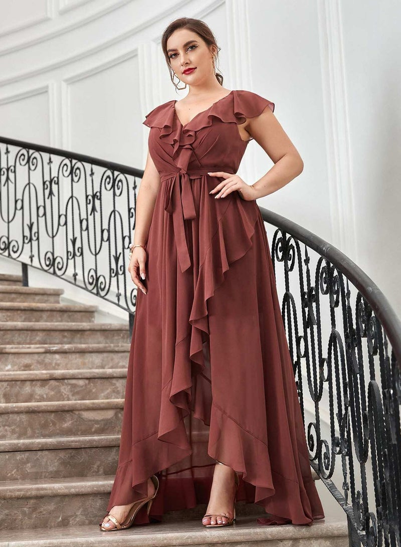 Plus Ruffle Trim Belted Ruffle Wrap Chiffon Dress