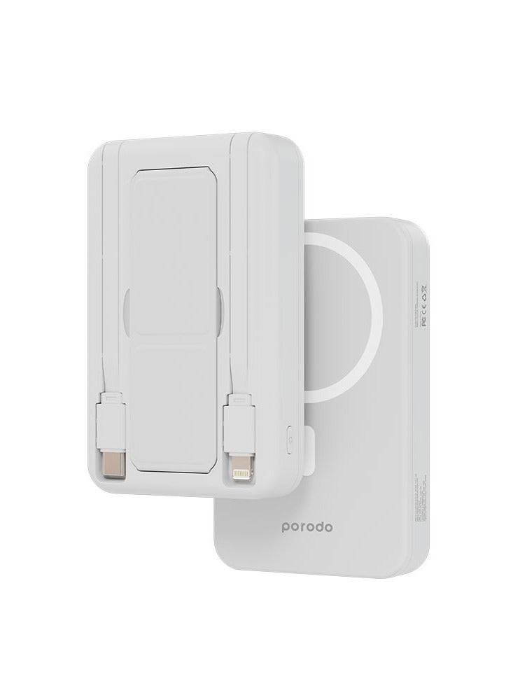 10000mAh MagSafe Power bank with Integrated Type C and Lightning Cables / Built-in Fast Charge Cables - White