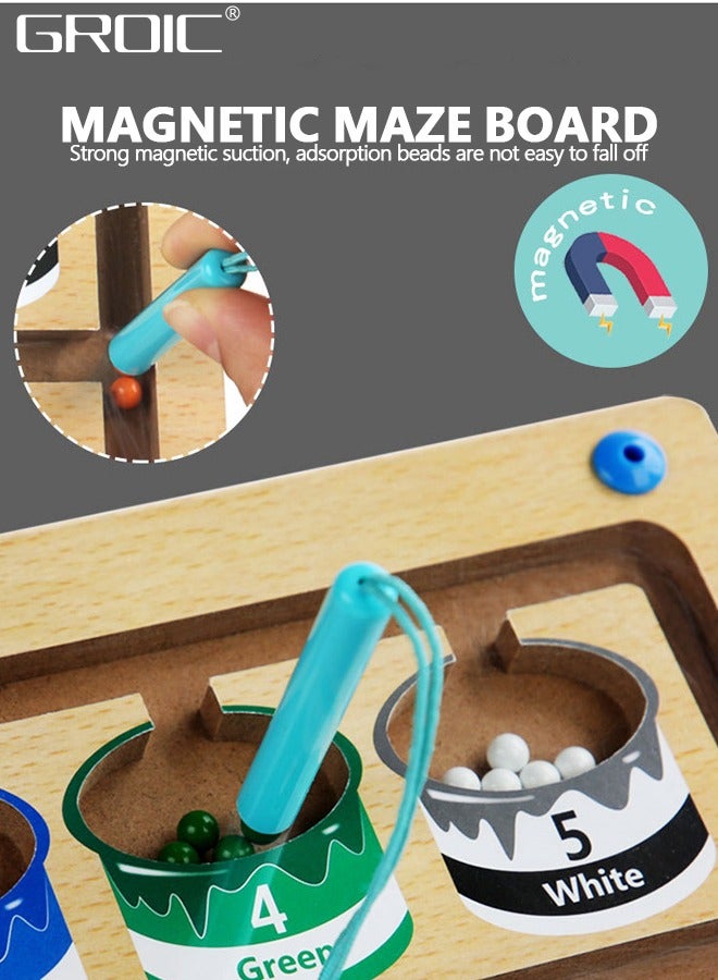 Wooden Magnetic Maze for Toddler, Magnetic Color and Number Maze, Montessori Wooden Color Matching Learning Counting Puzzle Board, Counting Matching Activities Fine Motor Skills Toys for Kids