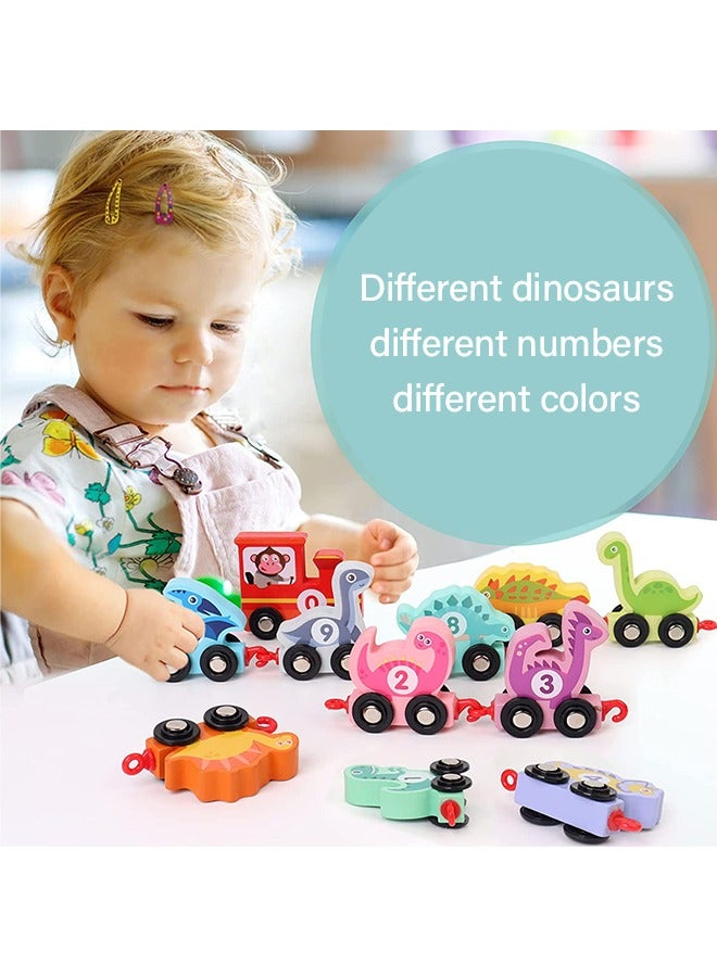 Wooden Colorful Number Dinosaur Train Toys Matching Sequencing Games Recognition Educational Learning Counting Set Building Blocks Kit