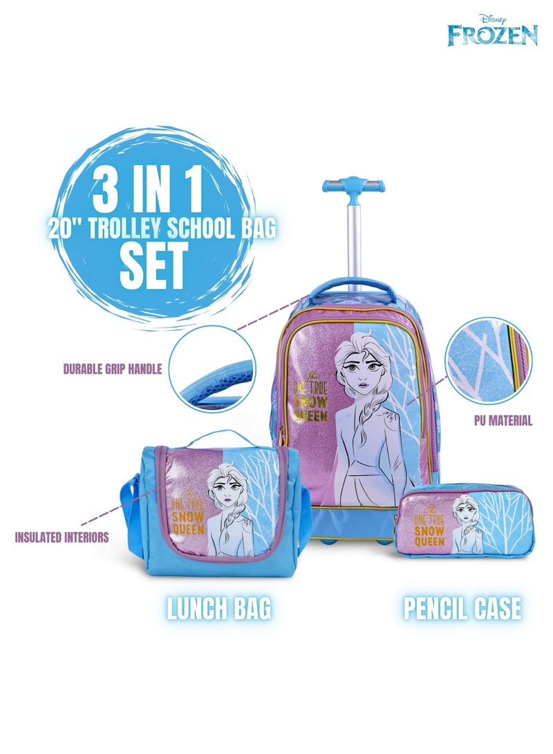 Frozen  20 Inch Kids Premium 3-in-1 Trolley School Bag Set - Ergonomic Backpack, Insulated Lunch Bag & Pencil Case,Lightweight, Durable, Students 6+ - Perfect for Travel & School,For Girls