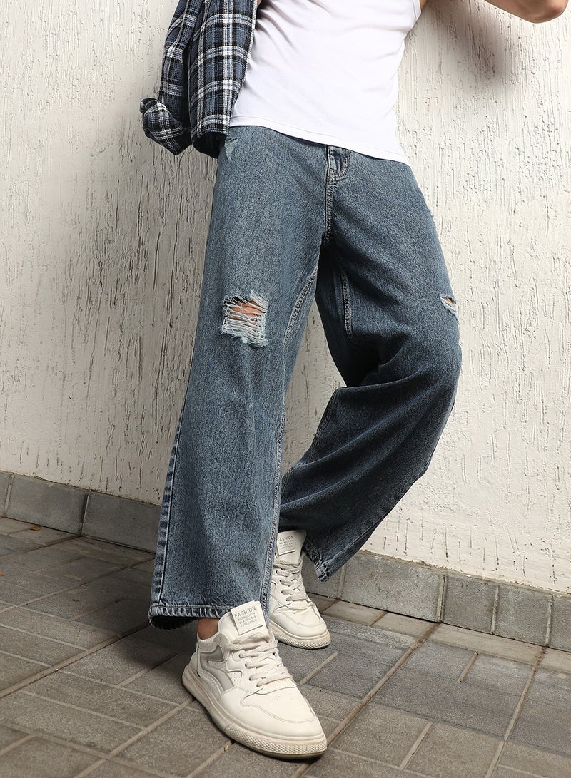 Indigo Baggy Jeans for Men, Mid-Rise, Light Fade, Pure Cotton, 90's Style