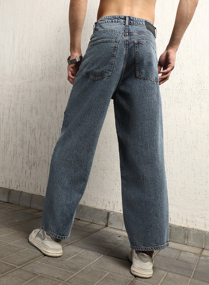 Indigo Baggy Jeans for Men, Mid-Rise, Light Fade, Pure Cotton, 90's Style