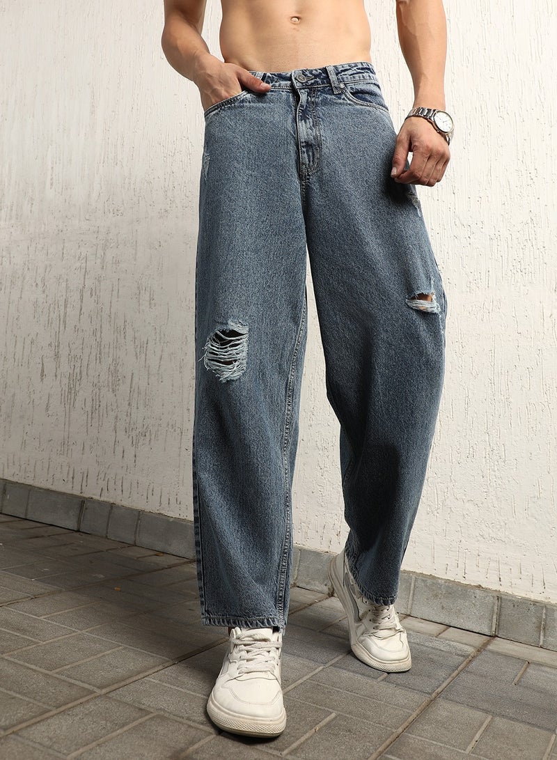 Indigo Baggy Jeans for Men, Mid-Rise, Light Fade, Pure Cotton, 90's Style