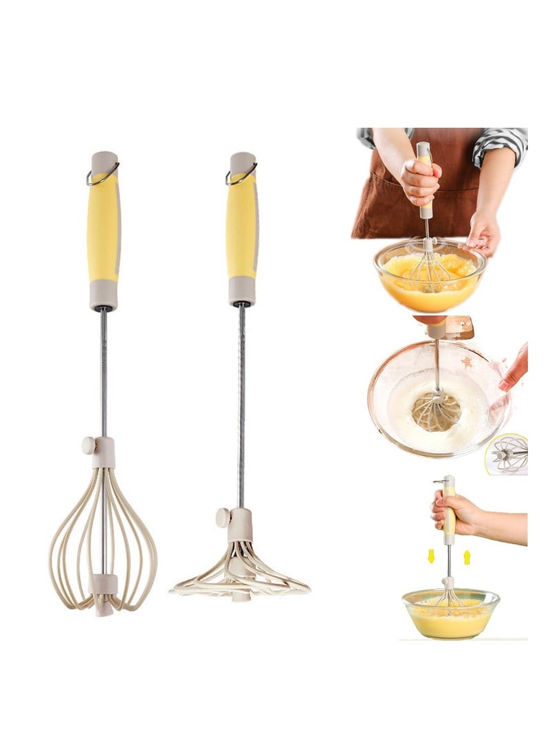 2 Pcs Stainless Steel Semi Automatic Whisk, 2024 Upgrade Rotating Automatic Eggbeater for Cooking, Hand Push Mixer Stirrer Tool Manual Egg Shaker Easy Whisk Whipped Cream Dispenser