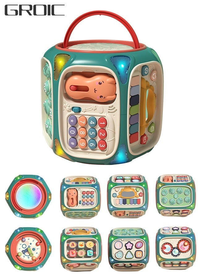 Multi-Function Activity Cube Toy for Baby 8-in-1 Hands Drum Shape Sorter Piano Kids Phone Toy with Light and Music Early Educational Activity Toy for Toddlers