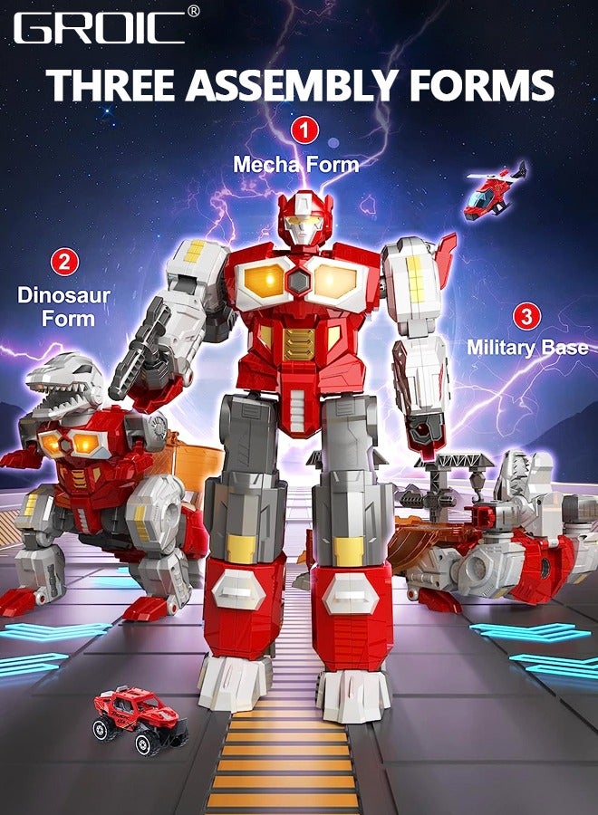 3 In 1 Transforming Toys - Dinosaur Robot Action Figures - Magnetic Assembling Robot Toys All-in-One Design Transforming Animals, Robots, Military Base Including Battle Guns, Cars, Airplane Models