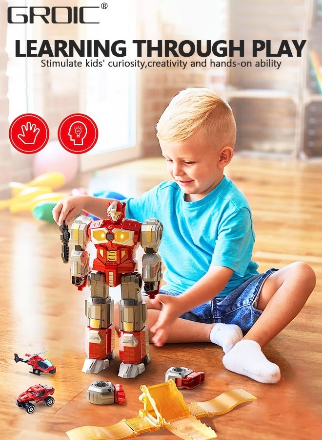 3 In 1 Transforming Toys - Dinosaur Robot Action Figures - Magnetic Assembling Robot Toys All-in-One Design Transforming Animals, Robots, Military Base Including Battle Guns, Cars, Airplane Models