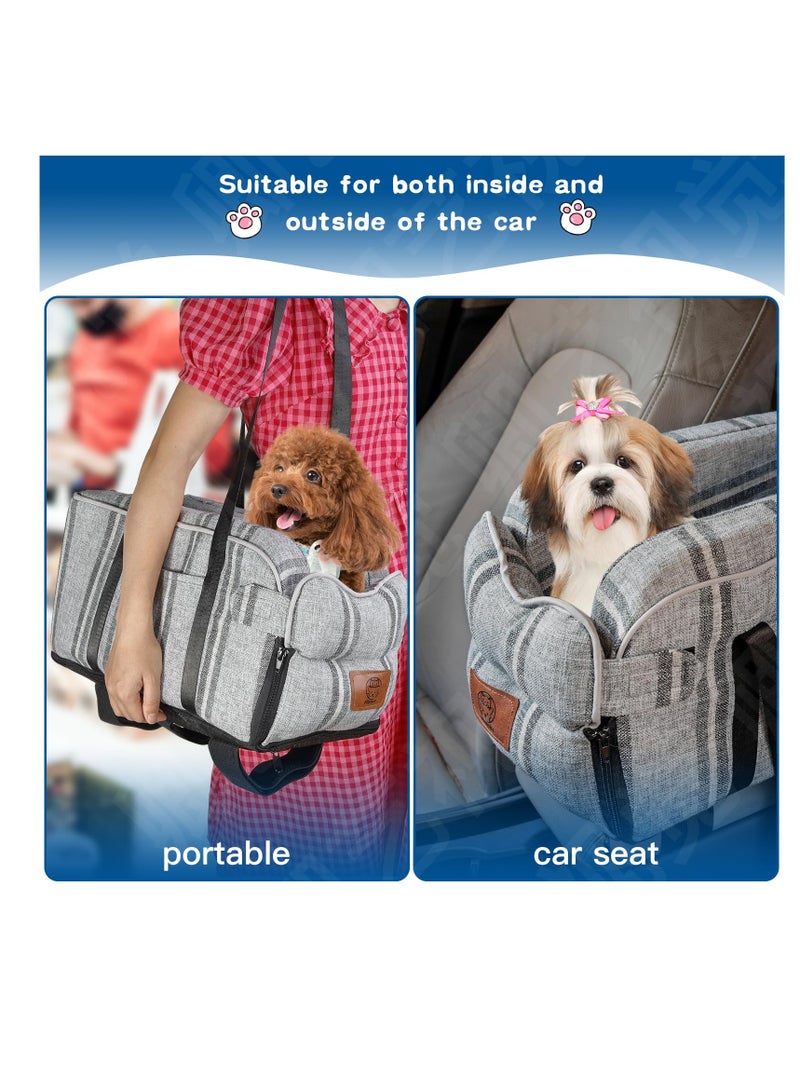 Center Console Dog Car Seat, Center Console Dogs and Cats Car Seat, Portable Puppy Detachable and Washable Dog Booster Seat, Pet Car Seat for Small Dogs Up to 12 Lbs, Striped-Grey