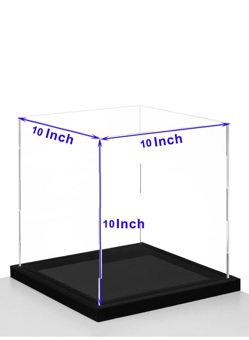 Clear Self-Assembly Acrylic Display Case with Black Velvet Base, Deluxe Dustproof Showcase, Cube Countertop Box for Collectibles, Home Organization (10x10x10 inch)
