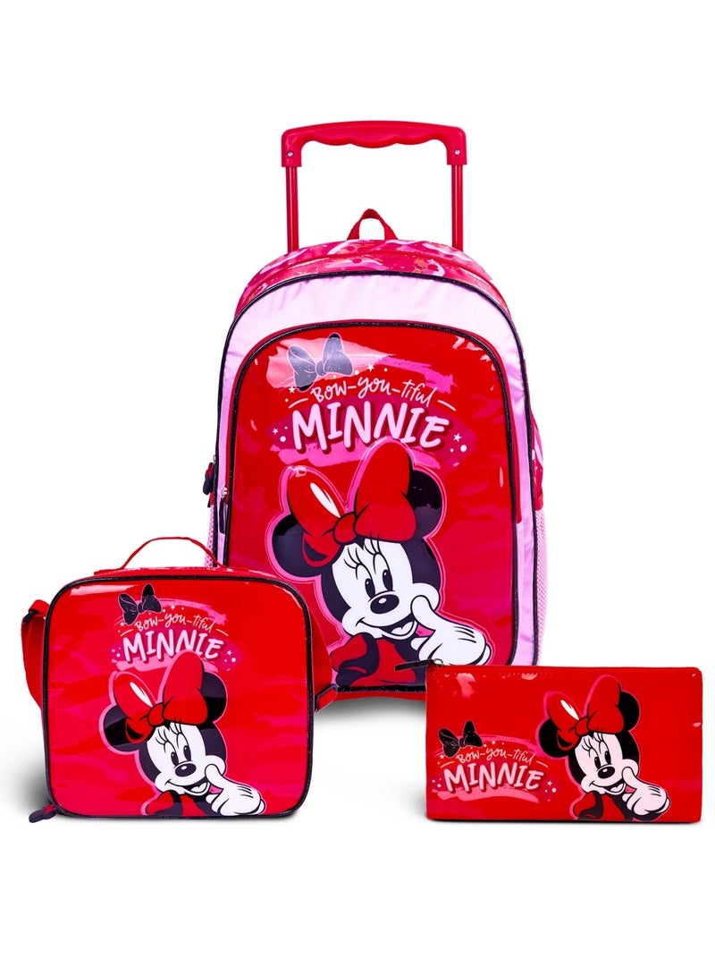 Minnie Mouse  16 Inch Kids 3-in-1 Trolley School Bag Set - Ergonomic Backpack, Insulated Lunch Bag & Pencil Case,Lightweight, Students 6+ - Perfect for Travel & School,For Girls