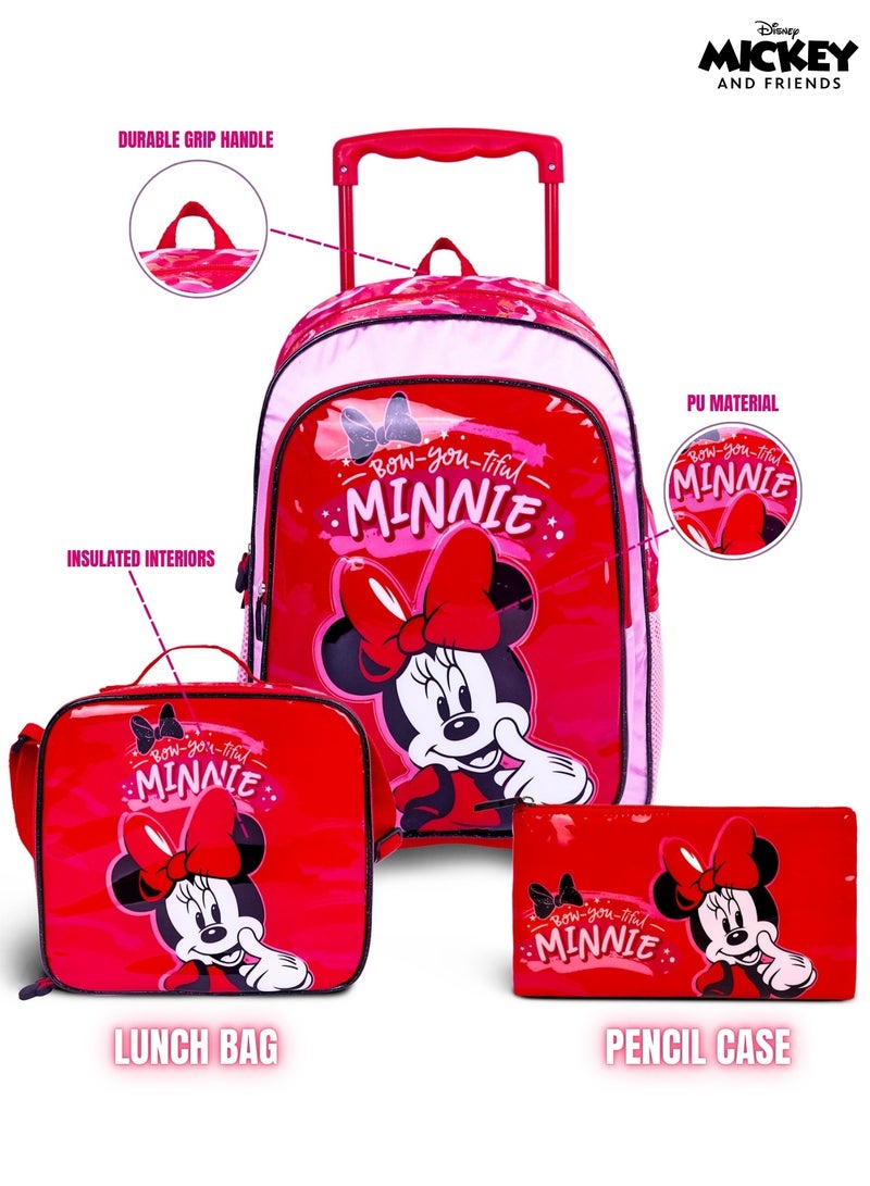 Minnie Mouse  16 Inch Kids 3-in-1 Trolley School Bag Set - Ergonomic Backpack, Insulated Lunch Bag & Pencil Case,Lightweight, Students 6+ - Perfect for Travel & School,For Girls