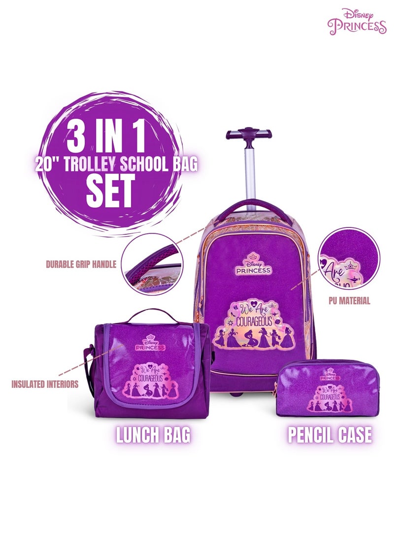 Princess  20 Inch Kids Premium 3-in-1 Trolley School Bag Set - Ergonomic Backpack, Insulated Lunch Bag & Pencil Case,Lightweight, Durable, Students 6+ - Perfect for Travel & School,For Girls