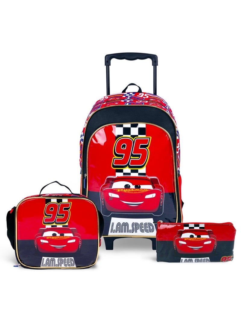 Cars  16 Inch Kids 3-in-1 Trolley School Bag Set - Ergonomic Backpack, Insulated Lunch Bag & Pencil Case,Lightweight, Durable, Students 6+ - Perfect for Travel & School,For Boys