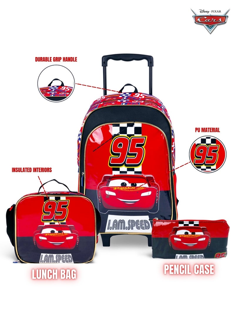 Cars  16 Inch Kids 3-in-1 Trolley School Bag Set - Ergonomic Backpack, Insulated Lunch Bag & Pencil Case,Lightweight, Durable, Students 6+ - Perfect for Travel & School,For Boys