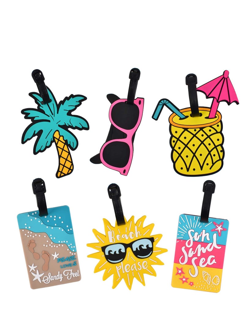 6-Pack Waterproof Luggage Tags, Colorful Summer Beach Travel ID Tags with Loops, Cute Suitcase Identification for Men and Women, Perfect for Vacation and Travel Needs.