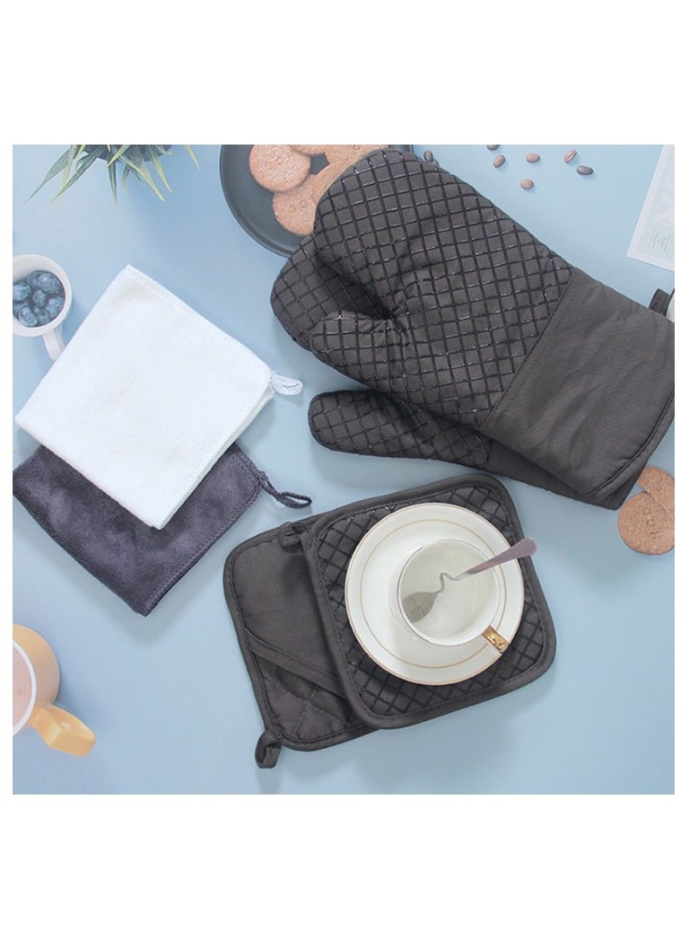 Oven Mitts and Pot Holders Sets, 550°F High Heat Resistant Oven Mitts with Kitchen Towels Thick Cotton Oven Gloves with Non-Slip Silicone for Cooking and Baking (6Pcs, Dark Gray Small Grid)
