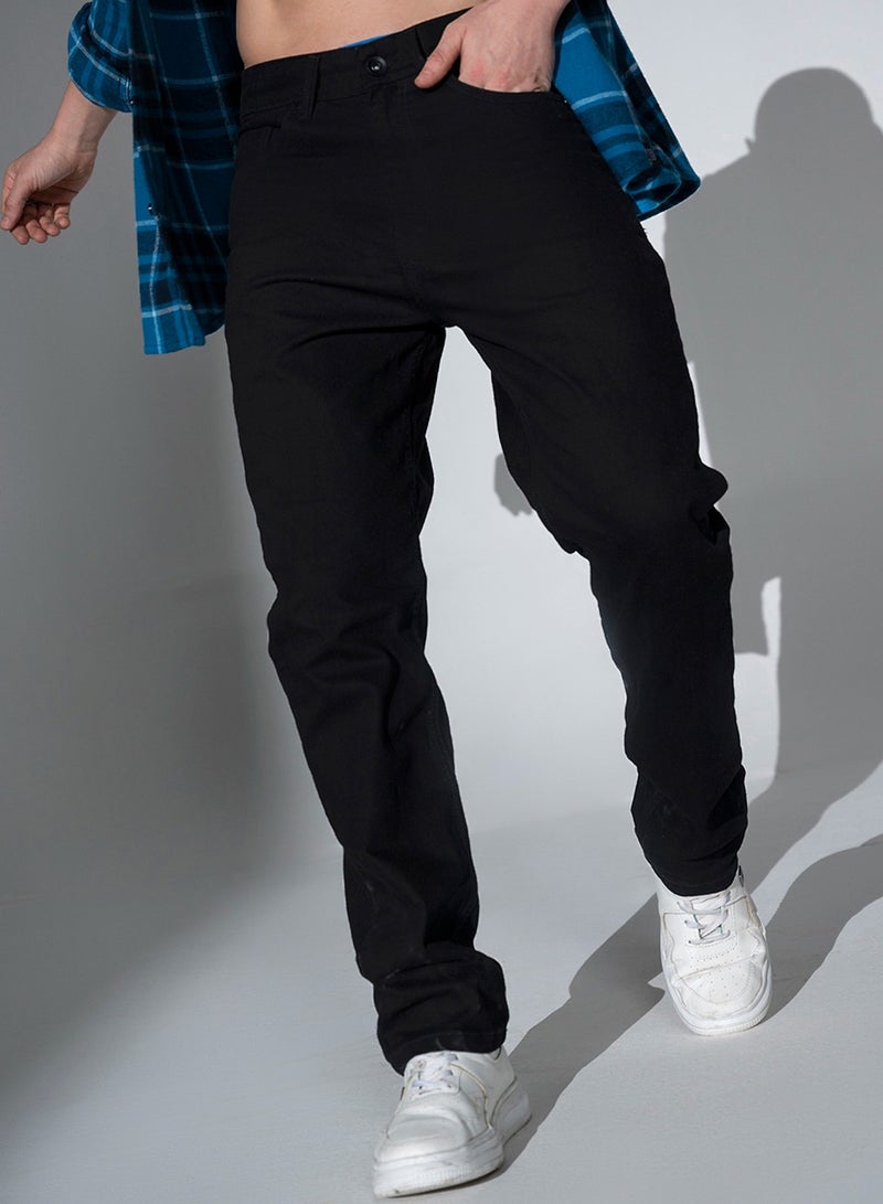 Straight Fit Black Jeans for Men with Mid-Rise and Clean Look