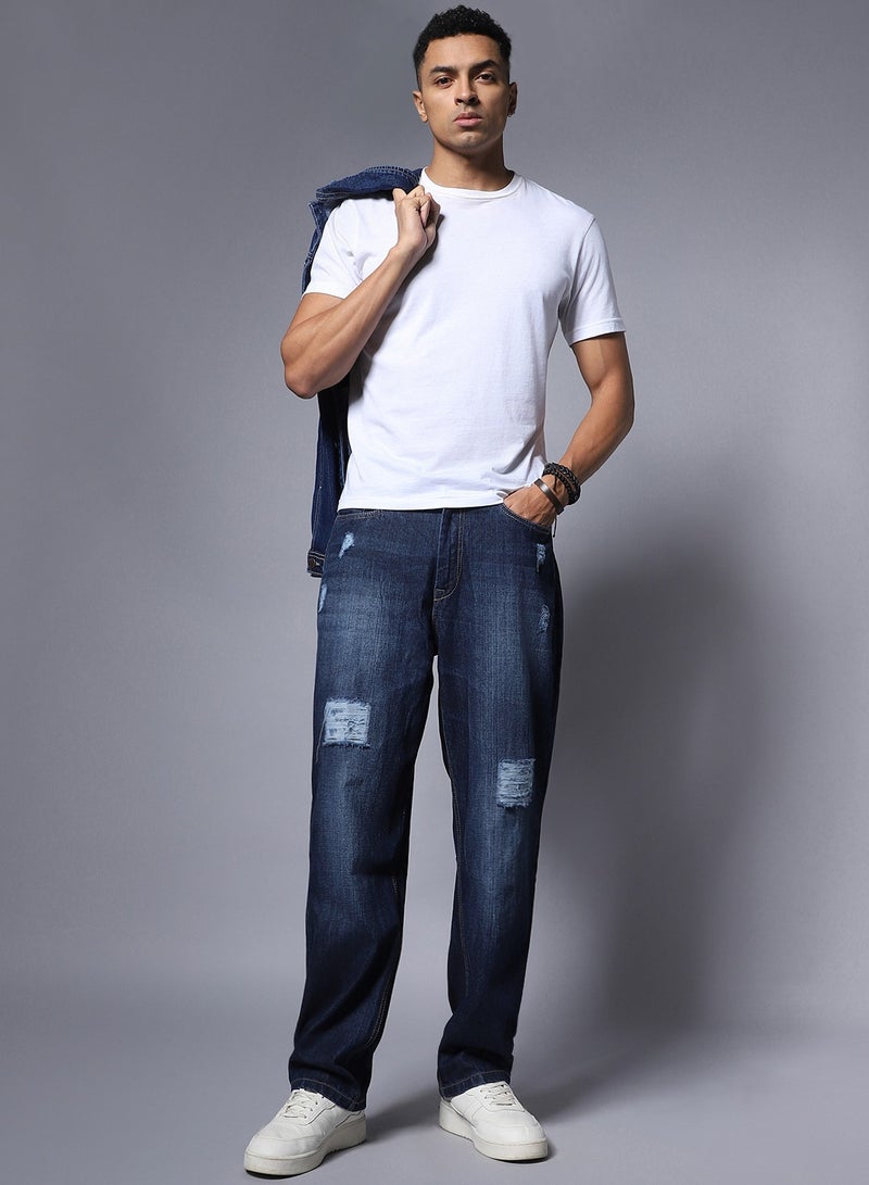 Loose Fit Blue Wide Leg Mid Rise Jeans for Men