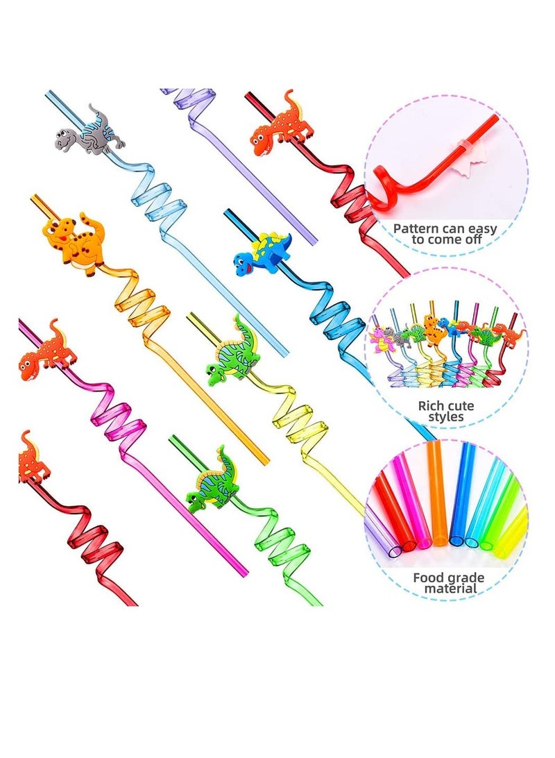 24 Pieces Reusable Dinosaur Straws Plastic Dinosaur Straws for Kids Safari Jungle Dinosaur Theme Straws for Dinosaur Party Decoration Supplies Birthday Party Favors