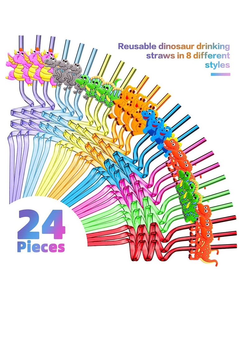 24 Pieces Reusable Dinosaur Straws Plastic Dinosaur Straws for Kids Safari Jungle Dinosaur Theme Straws for Dinosaur Party Decoration Supplies Birthday Party Favors