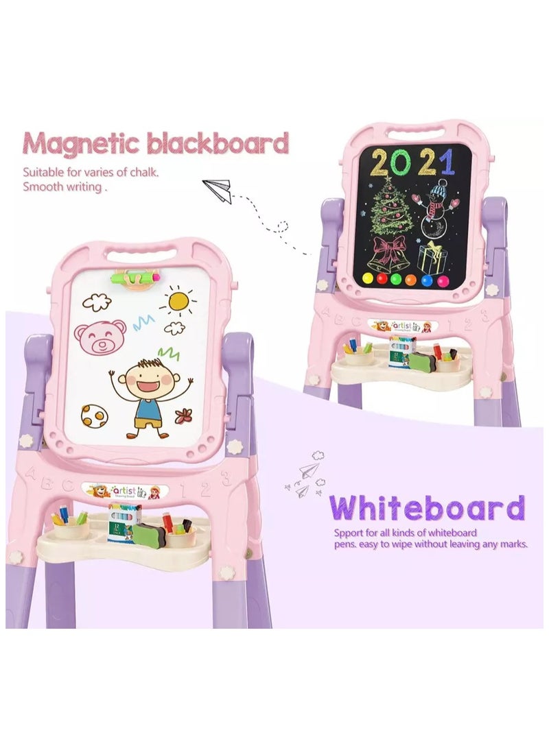 Artist Board for Kids Dual Sided -Adjustable Standing & 360 Degree Rotation Art Easel for Toddler, with Accessories -48 Pcs-Pink