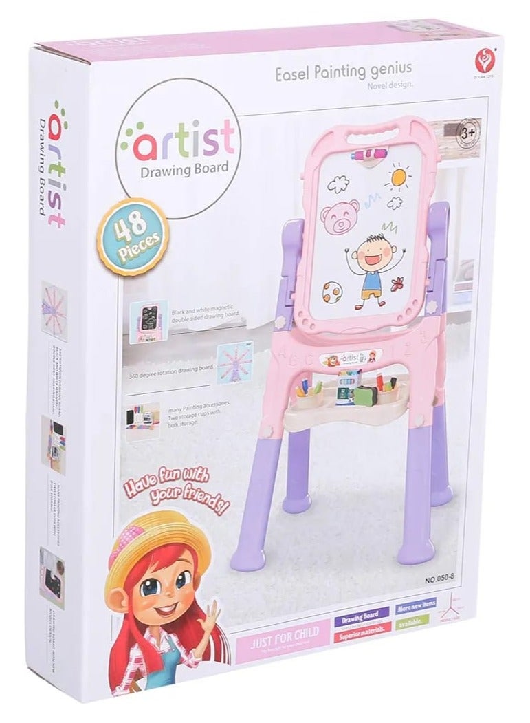 Artist Board for Kids Dual Sided -Adjustable Standing & 360 Degree Rotation Art Easel for Toddler, with Accessories -48 Pcs-Pink