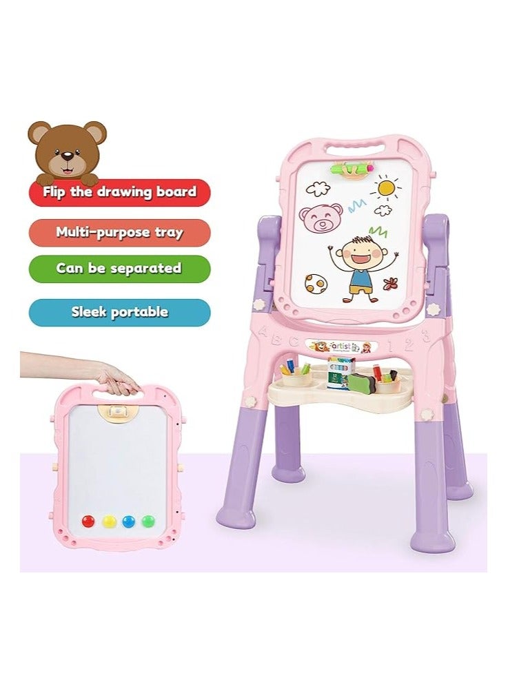 Artist Board for Kids Dual Sided -Adjustable Standing & 360 Degree Rotation Art Easel for Toddler, with Accessories -48 Pcs-Pink