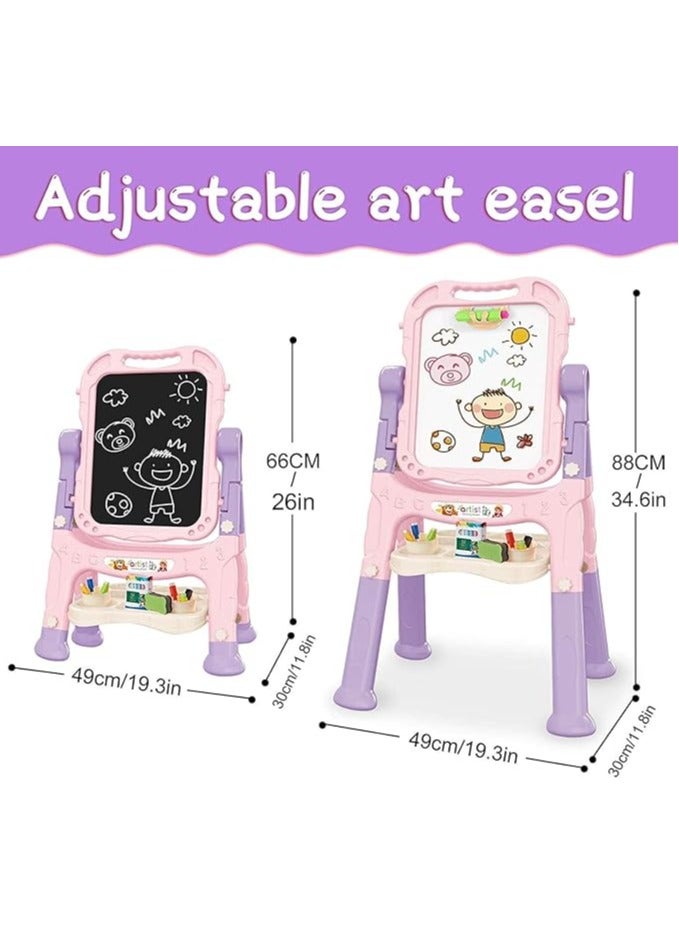 Artist Board for Kids Dual Sided -Adjustable Standing & 360 Degree Rotation Art Easel for Toddler, with Accessories -48 Pcs-Pink