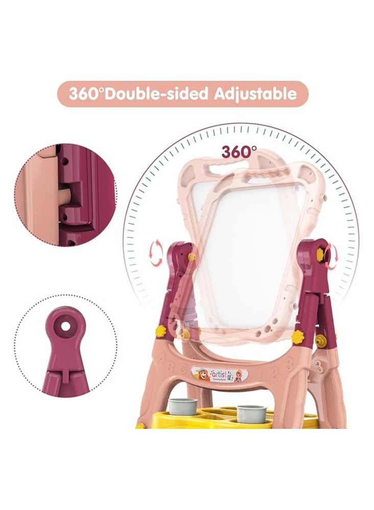 Artist Board for Kids Dual Sided -Adjustable Standing & 360 Degree Rotation Art Easel for Toddler, with Accessories -48 Pcs-Marron