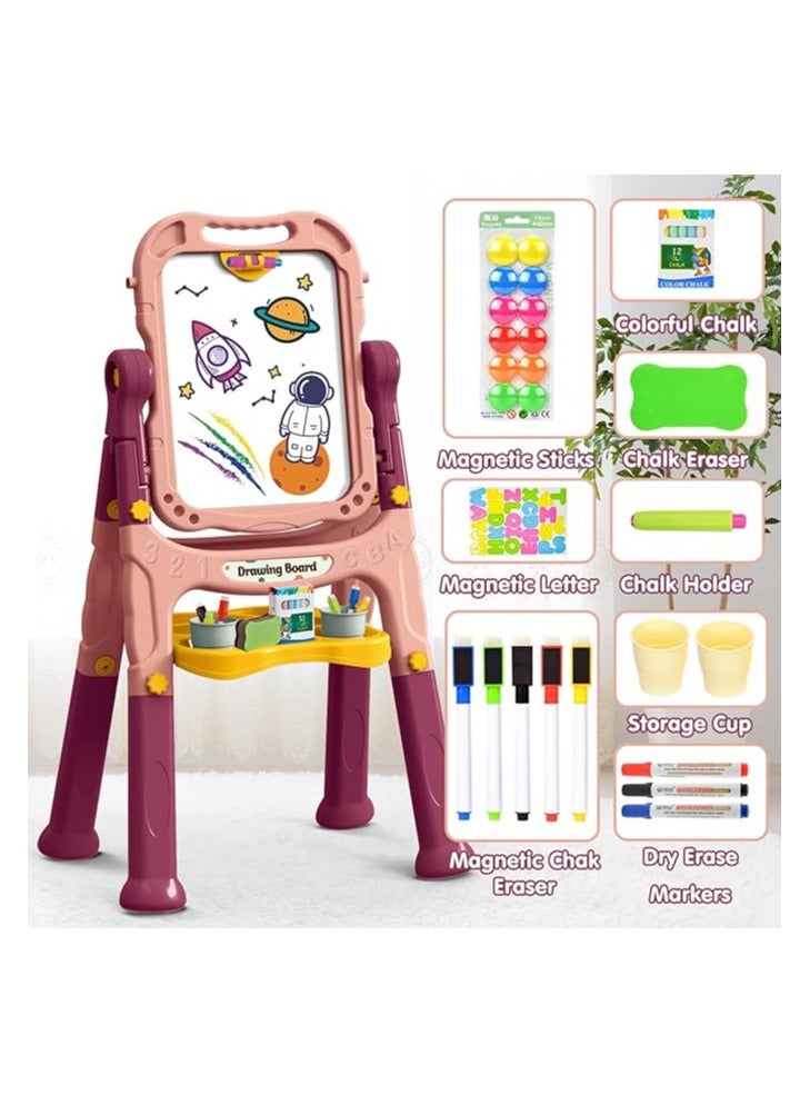 Artist Board for Kids Dual Sided -Adjustable Standing & 360 Degree Rotation Art Easel for Toddler, with Accessories -48 Pcs-Marron