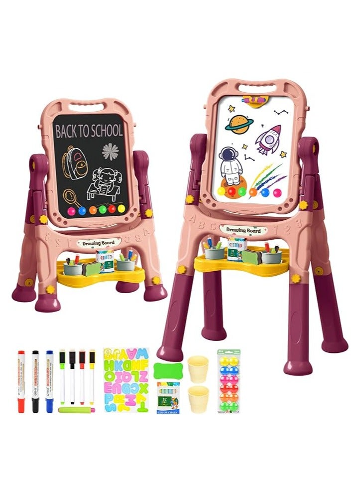 Artist Board for Kids Dual Sided -Adjustable Standing & 360 Degree Rotation Art Easel for Toddler, with Accessories -48 Pcs-Marron