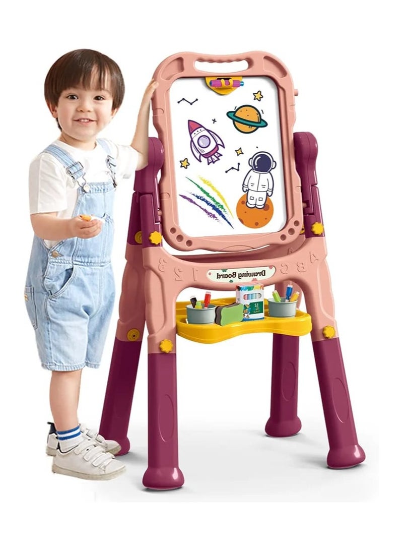 Artist Board for Kids Dual Sided -Adjustable Standing & 360 Degree Rotation Art Easel for Toddler, with Accessories -48 Pcs-Marron