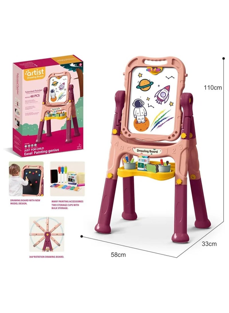 Artist Board for Kids Dual Sided -Adjustable Standing & 360 Degree Rotation Art Easel for Toddler, with Accessories -48 Pcs-Marron