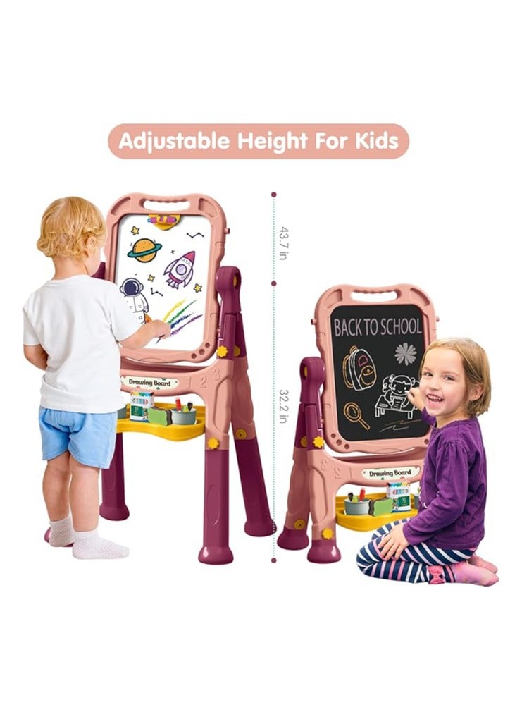 Artist Board for Kids Dual Sided -Adjustable Standing & 360 Degree Rotation Art Easel for Toddler, with Accessories -48 Pcs-Marron