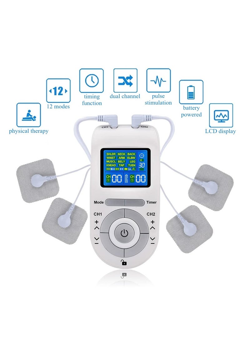 TENS Unit Muscle Stimulator Machine with Replacement Pads for Pain Relief, 12 Modes, 40 Intensities, TENS EMS Dual Channel Rechargeable Electric Pulse Massager